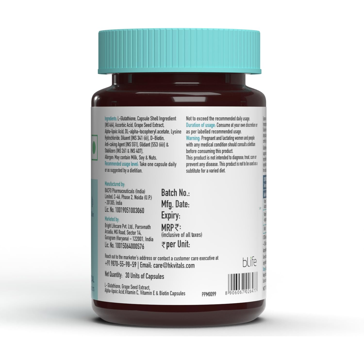 HealthKart HK Vitals Glutathione with Vitamin C & E, Biotin, Grape Seed Extract & Alpha Lipoic Acid, Antioxidant Support, for Skin Glow and Hydration, 30 Veg Capsules. 