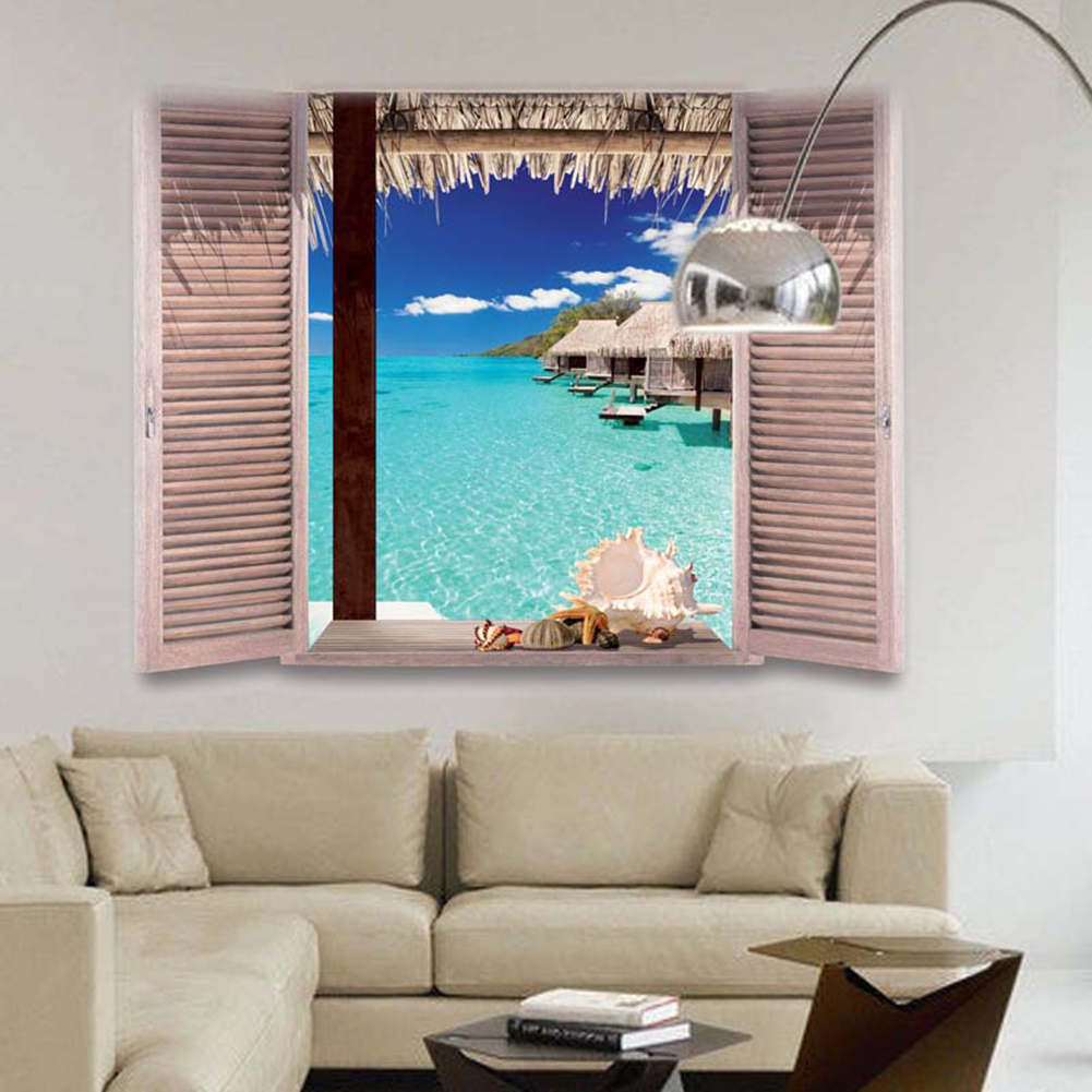 3D Window View Beach Resort Removable Wall Sticker Art Decal DIY Room Decor. 