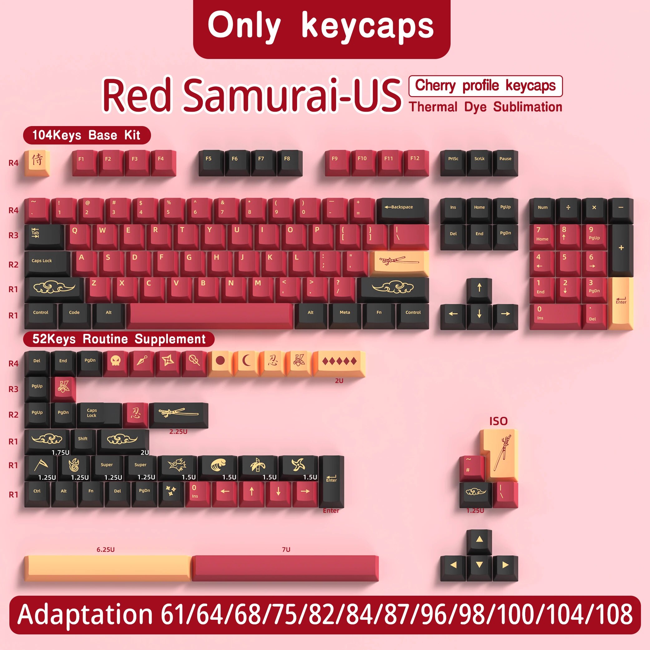 BLUE/RED Samurai Japanese/Korean/German/Spanish/French PBT Keycaps ISO layout Cherry Profile For GMK Custom Mechanical Keyboard. 