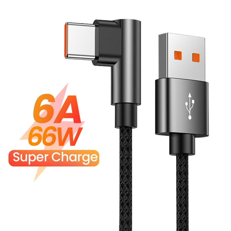 게임용 C타입 USB 고속 충전 케이블, 화웨이 샤오미 14 레드미 아너 OPPO 리얼미 POCO 90 도 엘보 충전기 케이블, 6A 66W. 