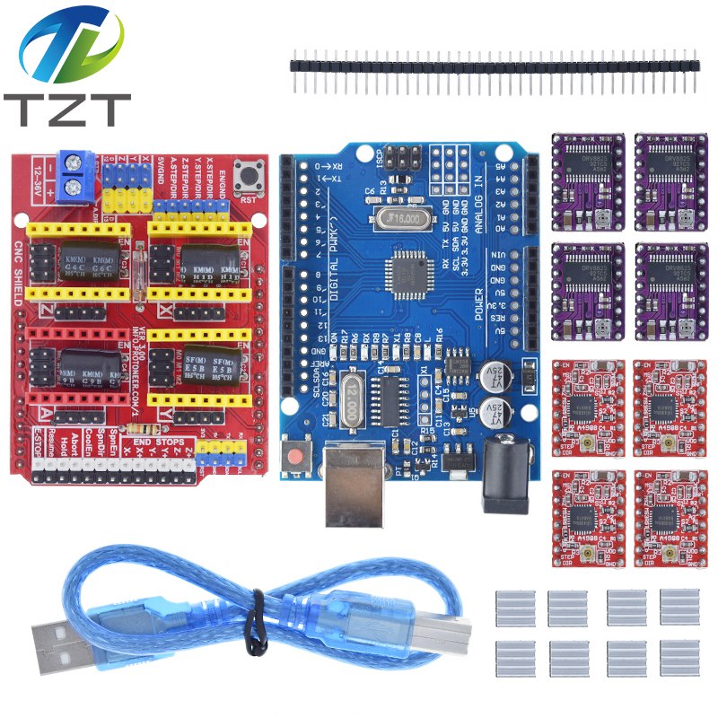 Tzt Cnc Shield V3 Engraving Machine 3d Printe 4pcs Drv8825 Or A4988 Driver Expansion Board For Arduino Uno R3 With Usb Cable. 