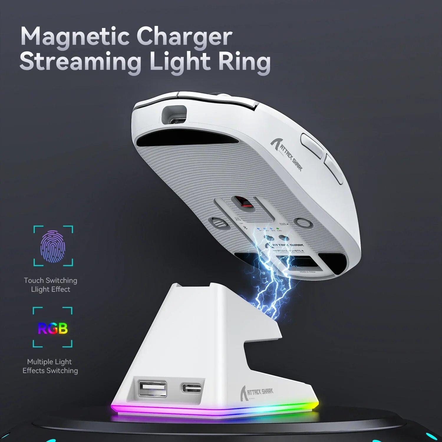 Attack Shark X6 PAW3395 Bluetooth Mouse,Tri-Mode Connection,RGB Touch Magnetic Charging Base,Macro Gaming Mouse. 