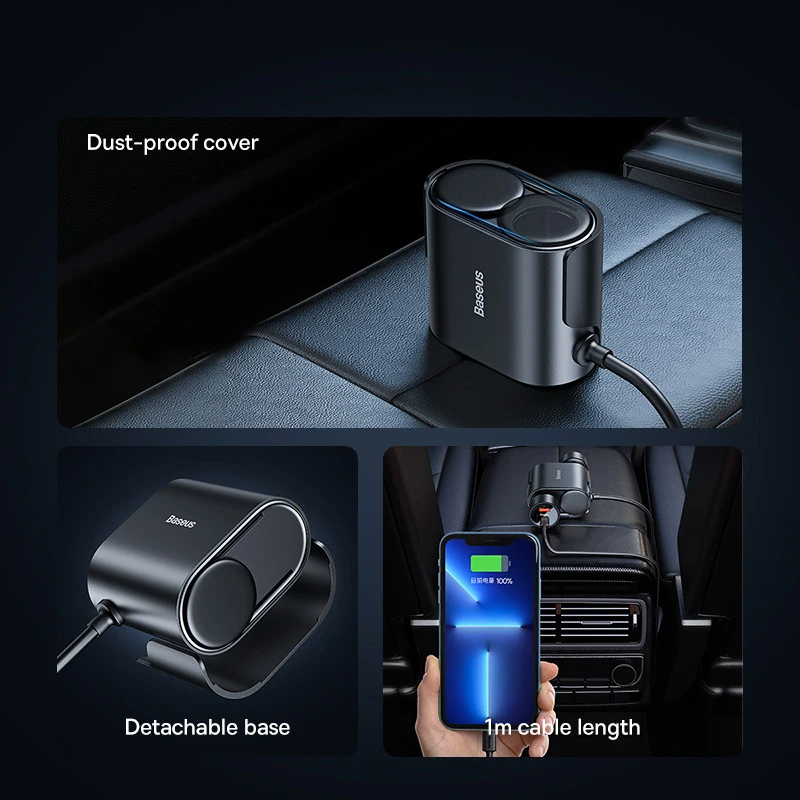 Baseus Car Charger High Efficiency Pro 1-for-2 Car Cigarette Lighter With 30W USB C USB A port. 