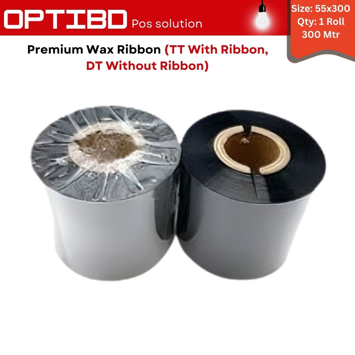 55mm X 300meters,Premium Wax Resin Ribbon for Thermal Transfered (TT) Barcode Label Sticker Print, Ink Outside , 1 pcs