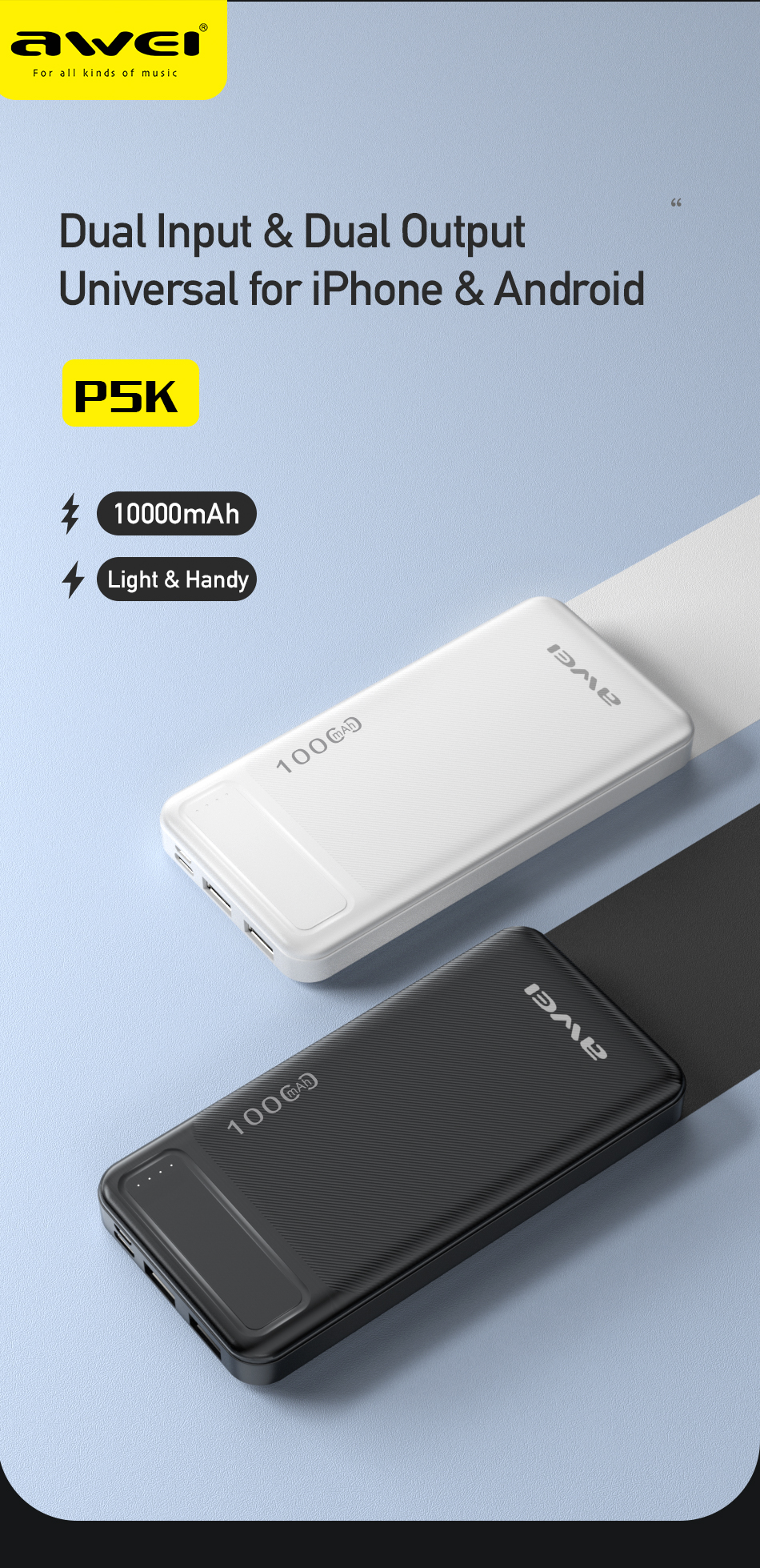 AWEI P5K Portable Power Bank 10000mAh Powerbank Dual USB A Type c Micro Dual input Fast Charge Travel Poverbank. 