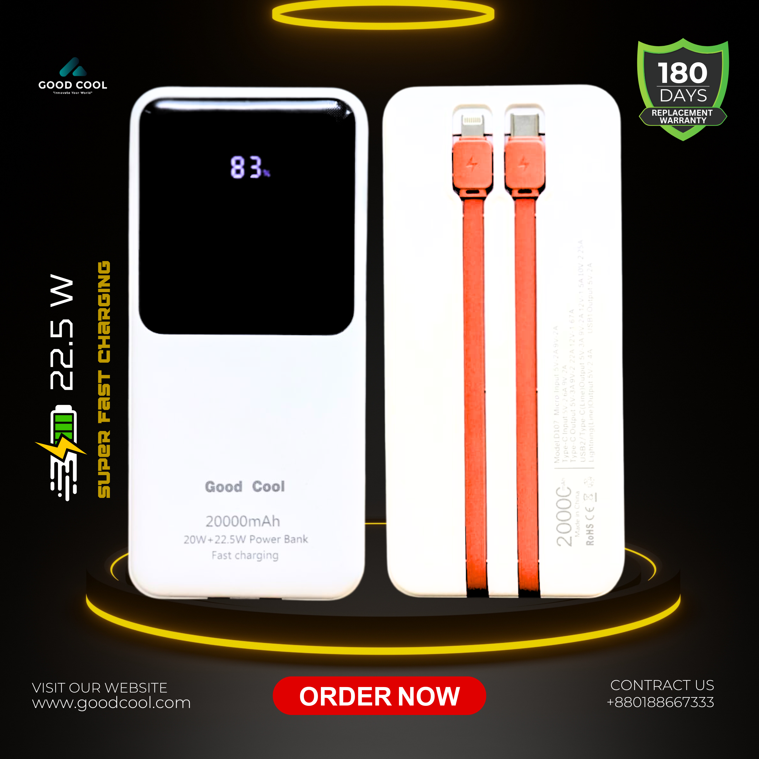 Good Cool Portable Fast Charging 20,000mAh Minimalistic Power Bank with Cable - LED Flashlight & Power Display.. 