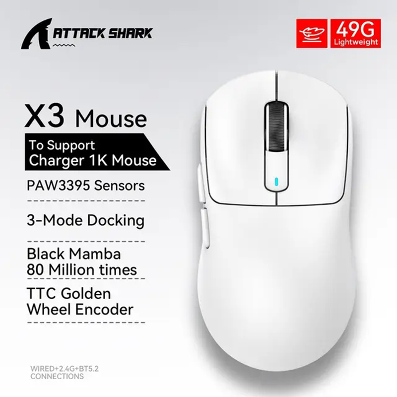 Attack Shark X3 Wired Tri-Mode Bluetooth 2.4G Wireless Mouse Lightweight Macro 26000DPI 650IPS TTC Encoder Gaming Mice