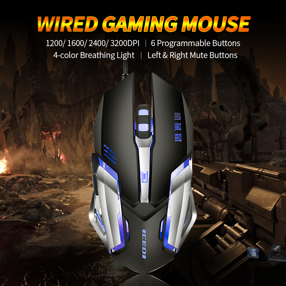 Wired 3200 DPI Gaming Mouse 4 Adjustable DPI Levels/6 Programmable Buttons/4-Color Breathing Light/ Left&Right Mute Buttons Black. 