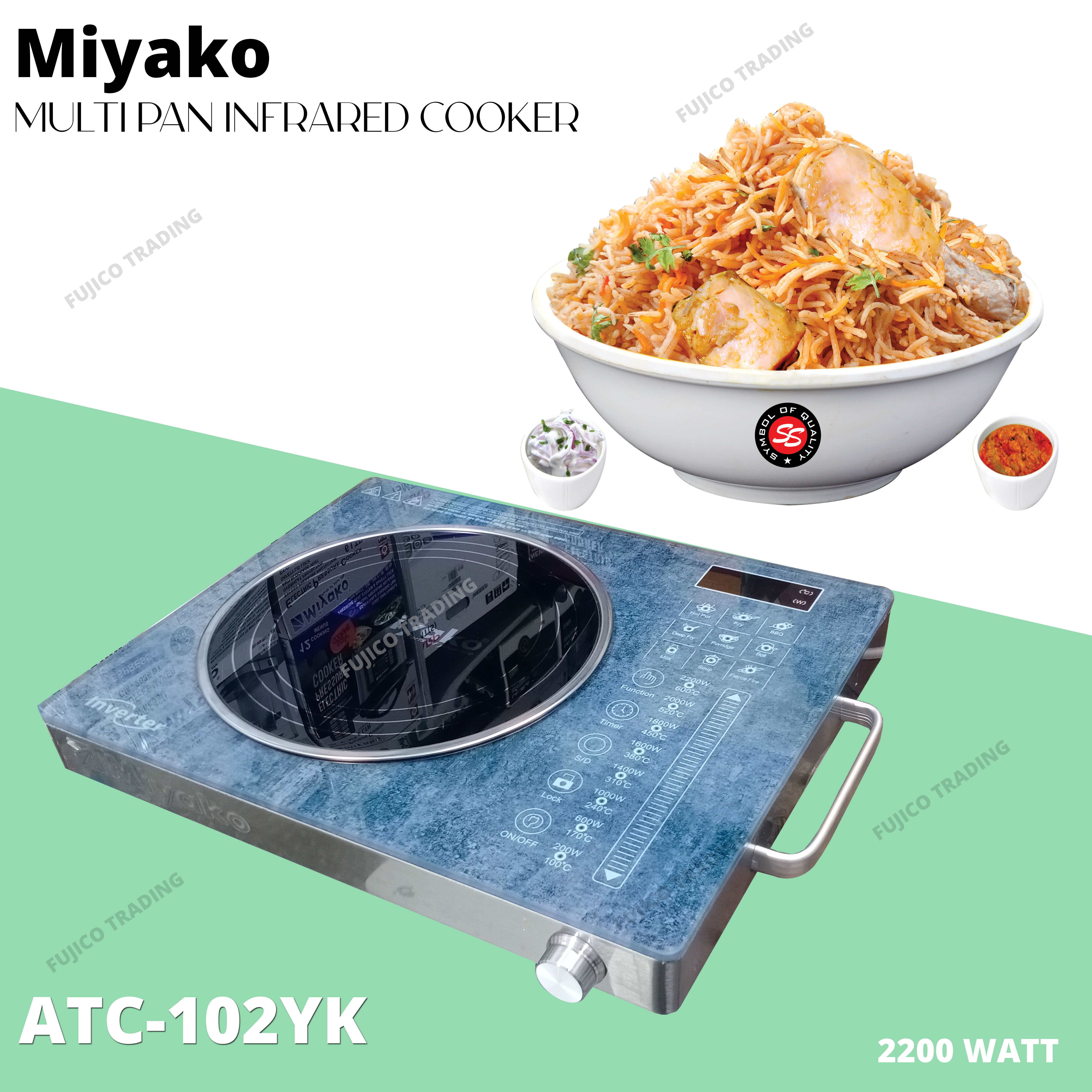 Miyako MULTI PAN INFRARED COOKER SMOKELESS AND ENERGY SAVING TIMER & KNOB FUNCTION  ATC-102YK-9 COOKING MENUS-2200 watt. 
