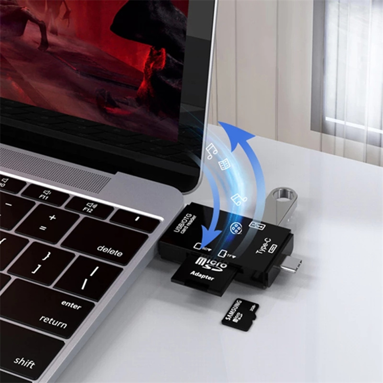 MultiFunctional 6 In 1 Otg Card Reader USB 2.0 Type-C/Type-B/TF/SD Memory Card Reader -Black. 