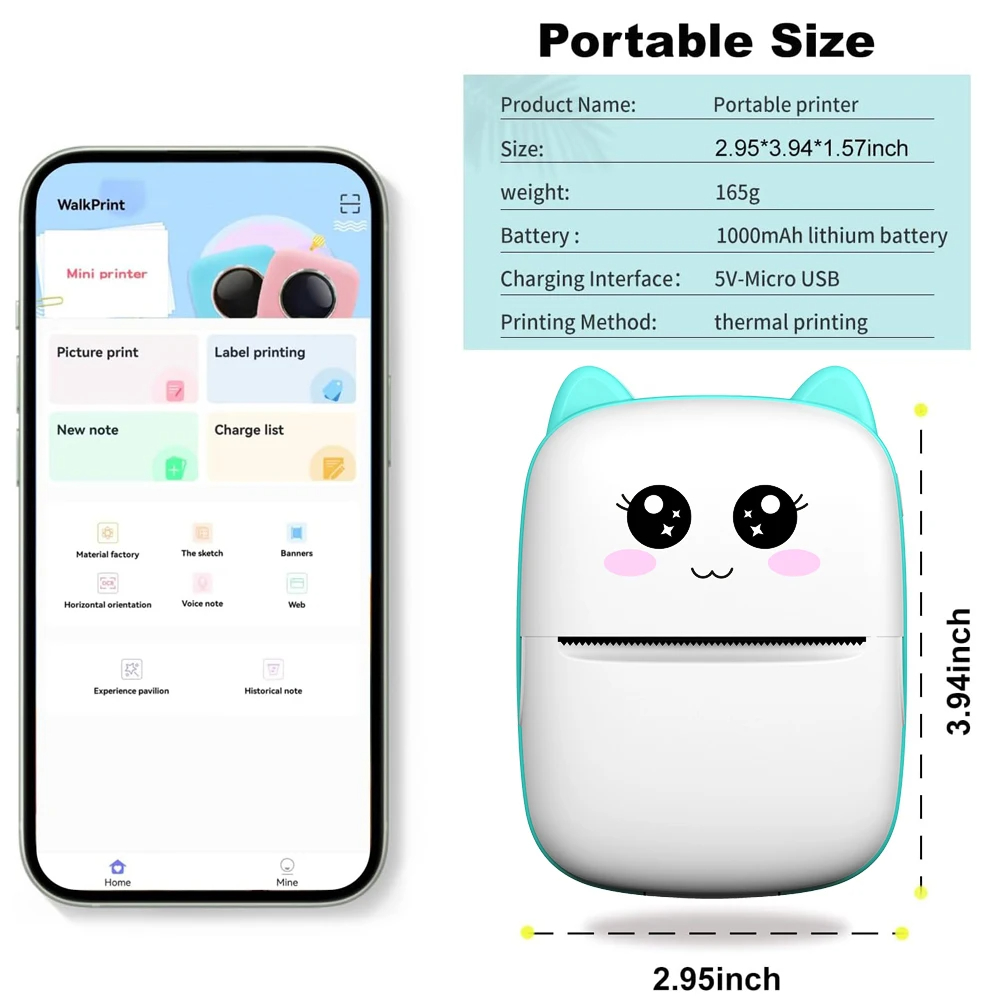 Mini Thermal Printer Wireless BT Label Photo Memo Wrong Question Printing Tag Bluetooth Ink-free Printer USB Cable Portable. 
