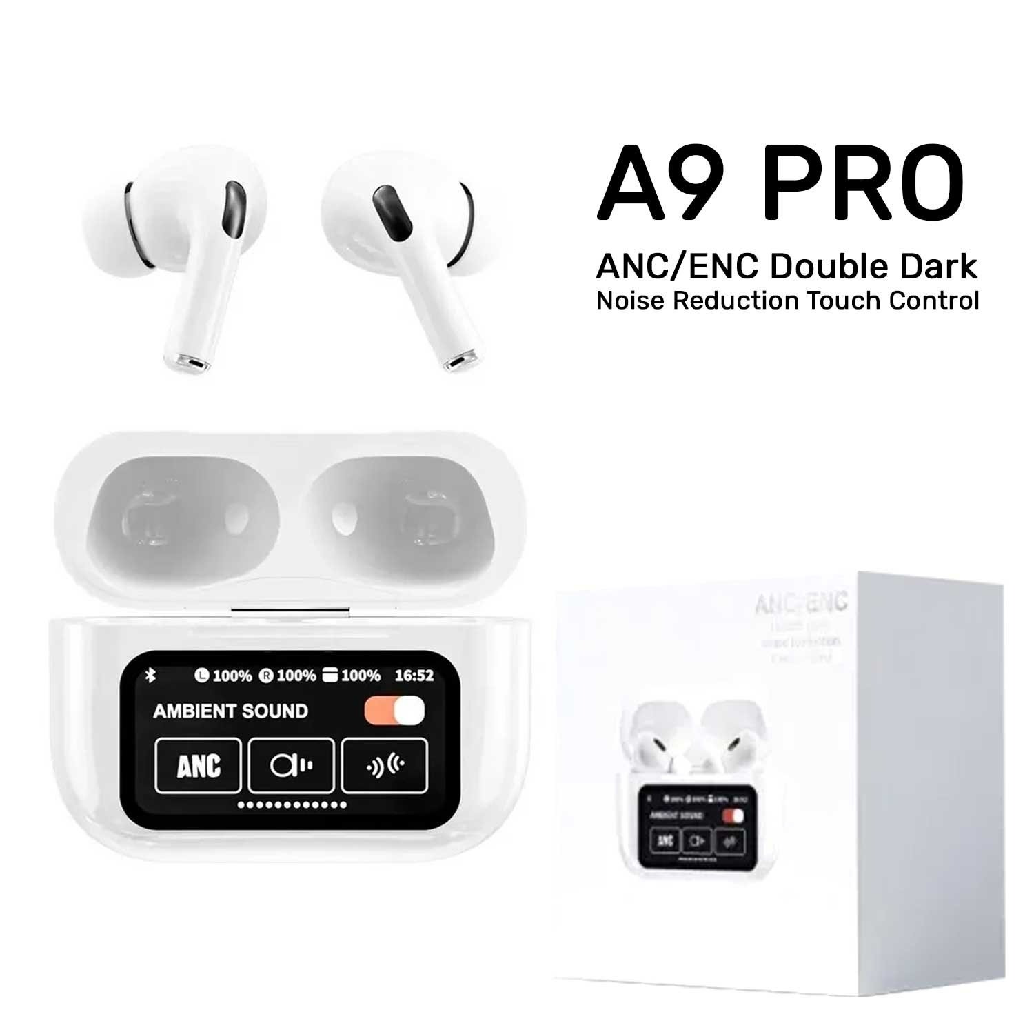 AirPods A9 Pro Touch Screen Display with ANC ENC Double Dark Earbuds 2024. 