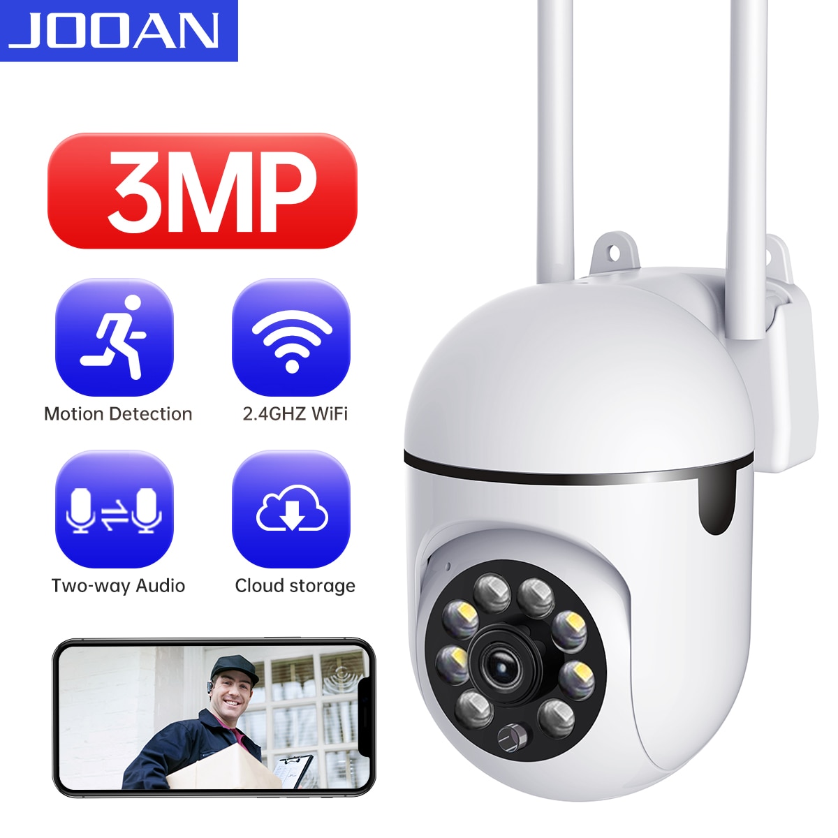 JOOAN 3MP PTZ IP Camera Color Night Auto Tracking CCTV IP WiFi Camera Security Camera Home Surveillance Camera Baby Monitor