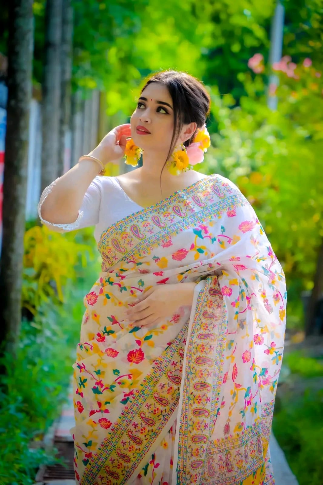 Multi Color Half Silk Screen Print Saree for Women
