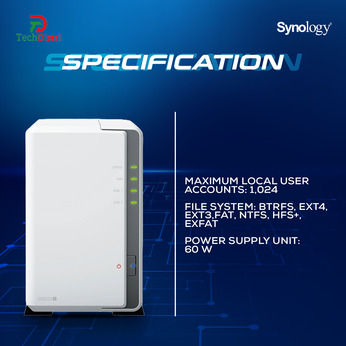Synology DS223j NAS, 2-Bay DiskStation , Realtek RTD1619B 64-bit, 4-core 1.7 GHz. 