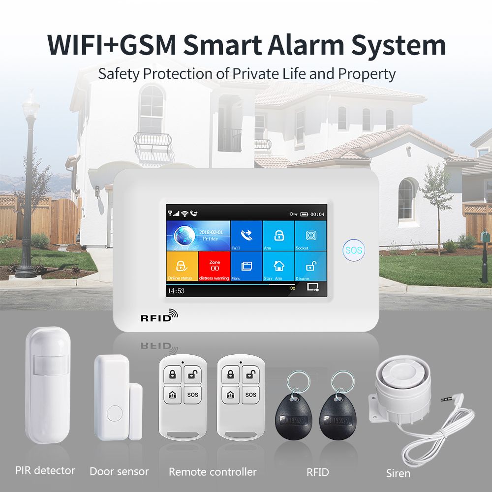 YUPA Burglar Home Security Alarm System 4.3 Inch Touch Panel WIFI GSM Wireless With Motion Sensor TUYA App Compatible With Alexa. 