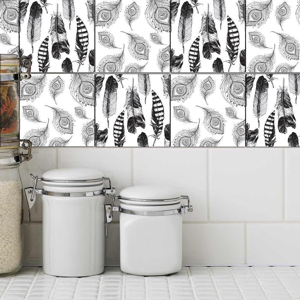 Black White Feather Tile Sticker Waterproof Self Adhesive Wallpaper Weight 215 Color Black And White Package Includes 1 Xblack Feather Tile Sticker