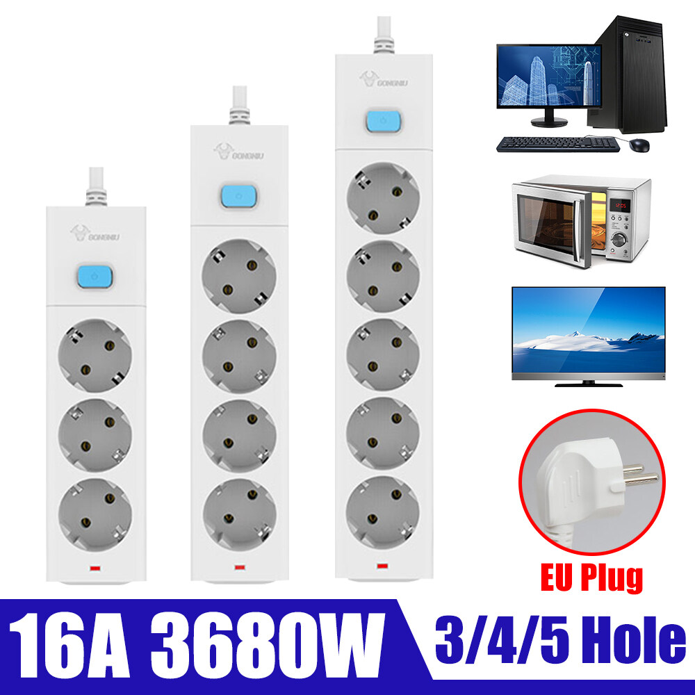 Bull 16A 3680W 3/4/5 Way AC Universal Outlets Plug Home Socket EU Plug Power Strip Overload Protection Extension Cord - 3-hole 3M gneu-g1030-30