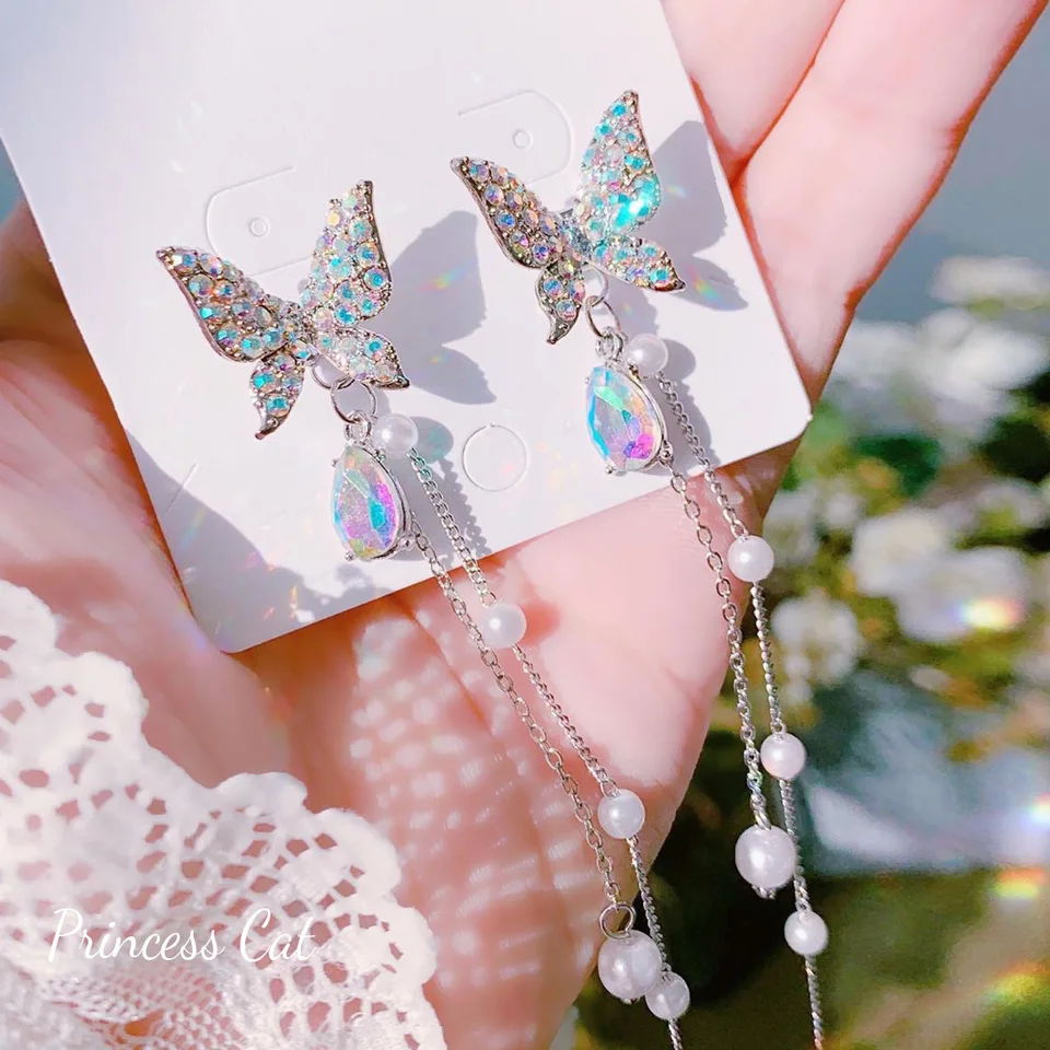 Long Dangle Earings Exquisite Purple Pearl Butterfly Drop Earring