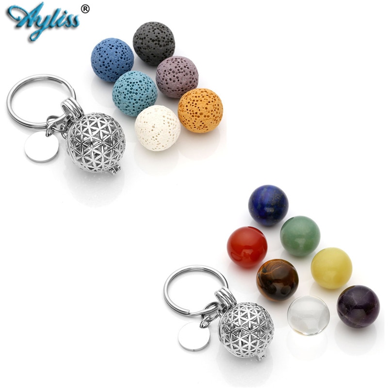 【Alizeker Mall】Ayliss Locket Pendant Essential Oil Diffuser Keychain Lava Stone Beadsof7 Chakra Stainless Steel Key Ring. 
