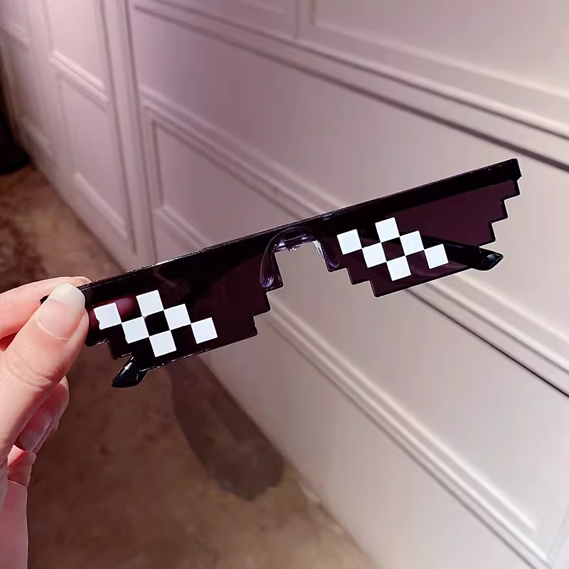 【Nice Day Toy Findings Store】（NEW）Thug Glasses Funny Mosaic Glasses Red Pixel Photography Performance for Men and Sunshade Sunglasses Coding anime. 
