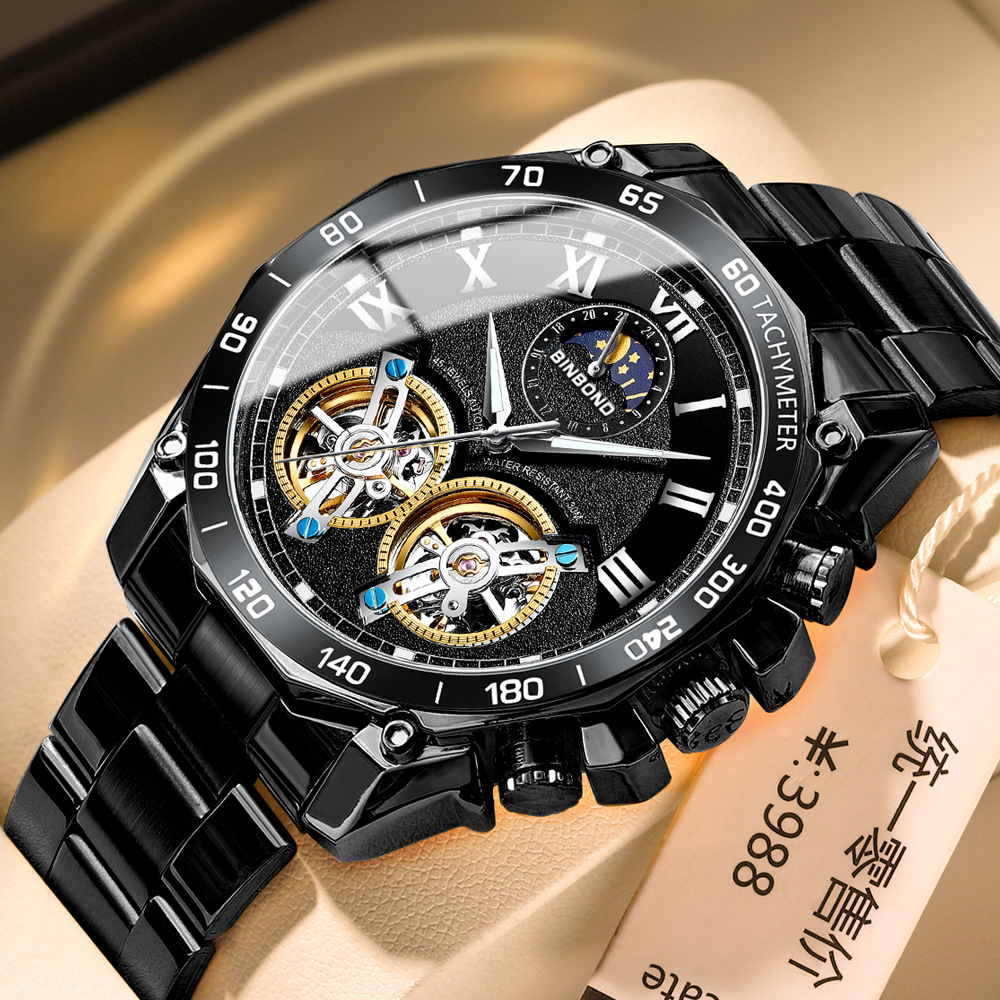 Double Tourbillon Watch Men's Non-Fully Automatic Machine Hollow Mechanical Watch Multi-Functional Fashion Luminous Waterproof Watch