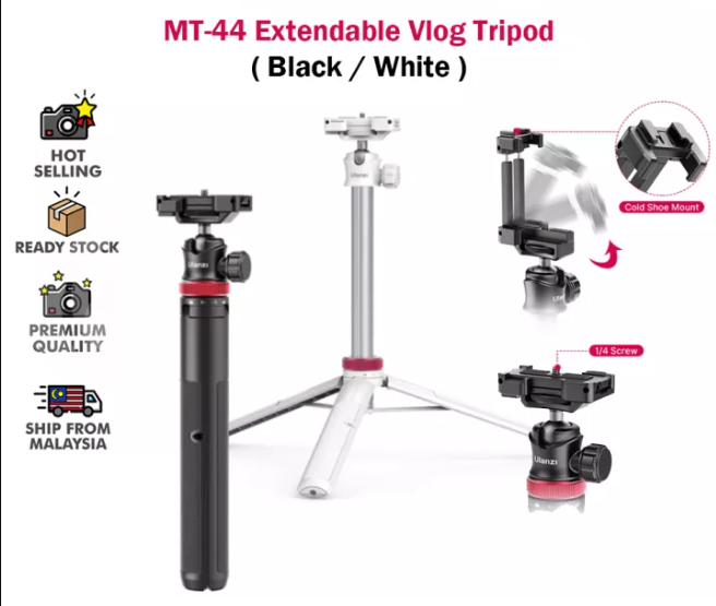 Ulanzi MT-44 Extendable Mini Tripod Stand Flexible Portable Selfie Stick with 360° Rotatable Ball Head Quick Release Plate Phone Clip Max. Load Bearing 1.5kg for Camera Live Streaming Vlog Video Photography. 