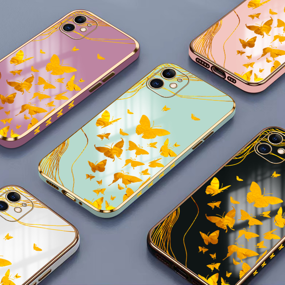 TA for Xiaomi Redmi 10 5G Back Cover + Free Lanyard INS Style Golden Butterfly Luxury 6D Plating Case Side Pattern Soft Silicone Square Phone Cases. 