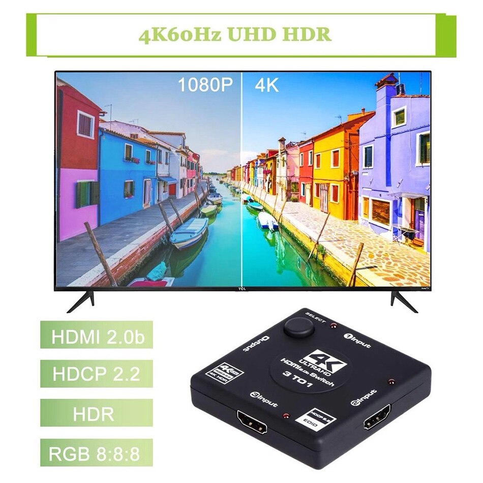【VisioN Shop】RGB 8:8:8 HDMI 2.0b Switch 3 in 1 Out HDMI Stream Switcher Selector Box Supports HDCP 2.2 HDR. 