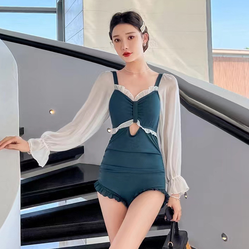Swimsuit women's one-piece long-sleeved fashion retro French super fairy conservative thin sunscreen hot spring girl sweet swimsuit