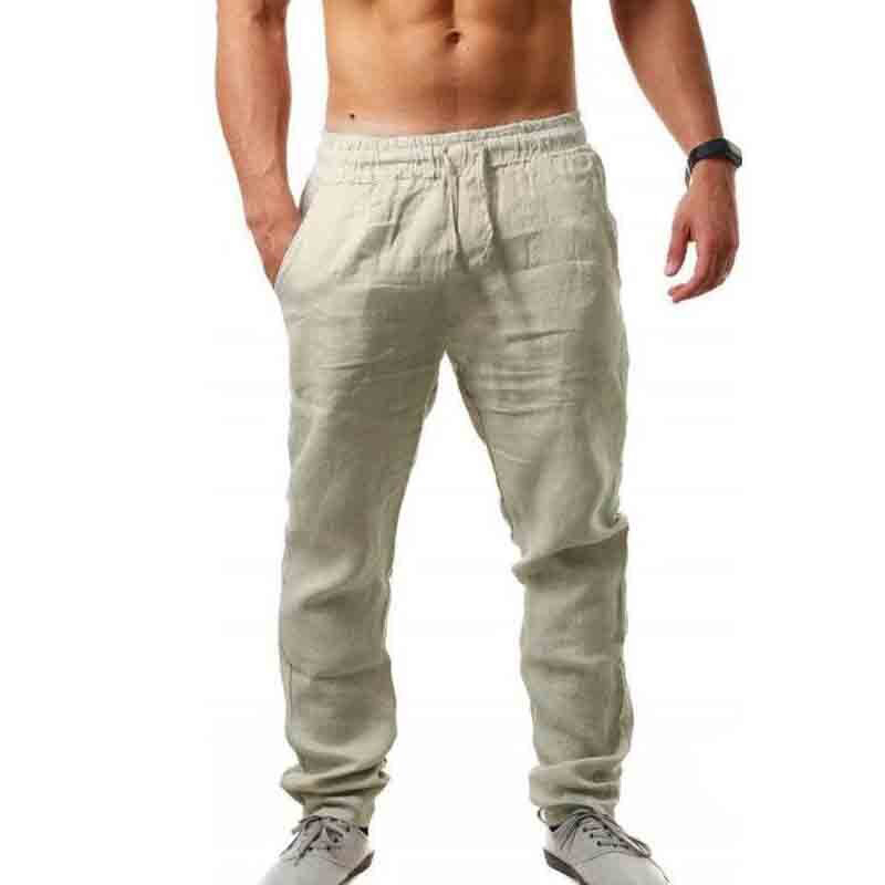 Solid Color Thin Style Men 95%Cotton Spandex Pants Full Length Drawstring Straight Loose Pants Summer Breathable Casual Trousers. 