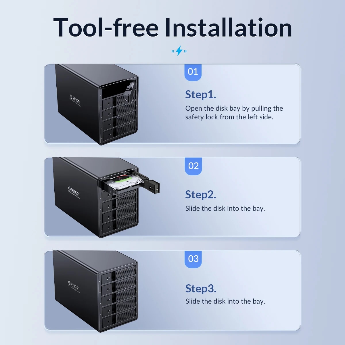 ORICO 95 Series 5 Bay 3.5'' USB3.0 HDD Docking Station Support RAID Mode Aluminum With 150W Internal Power Adaper. 