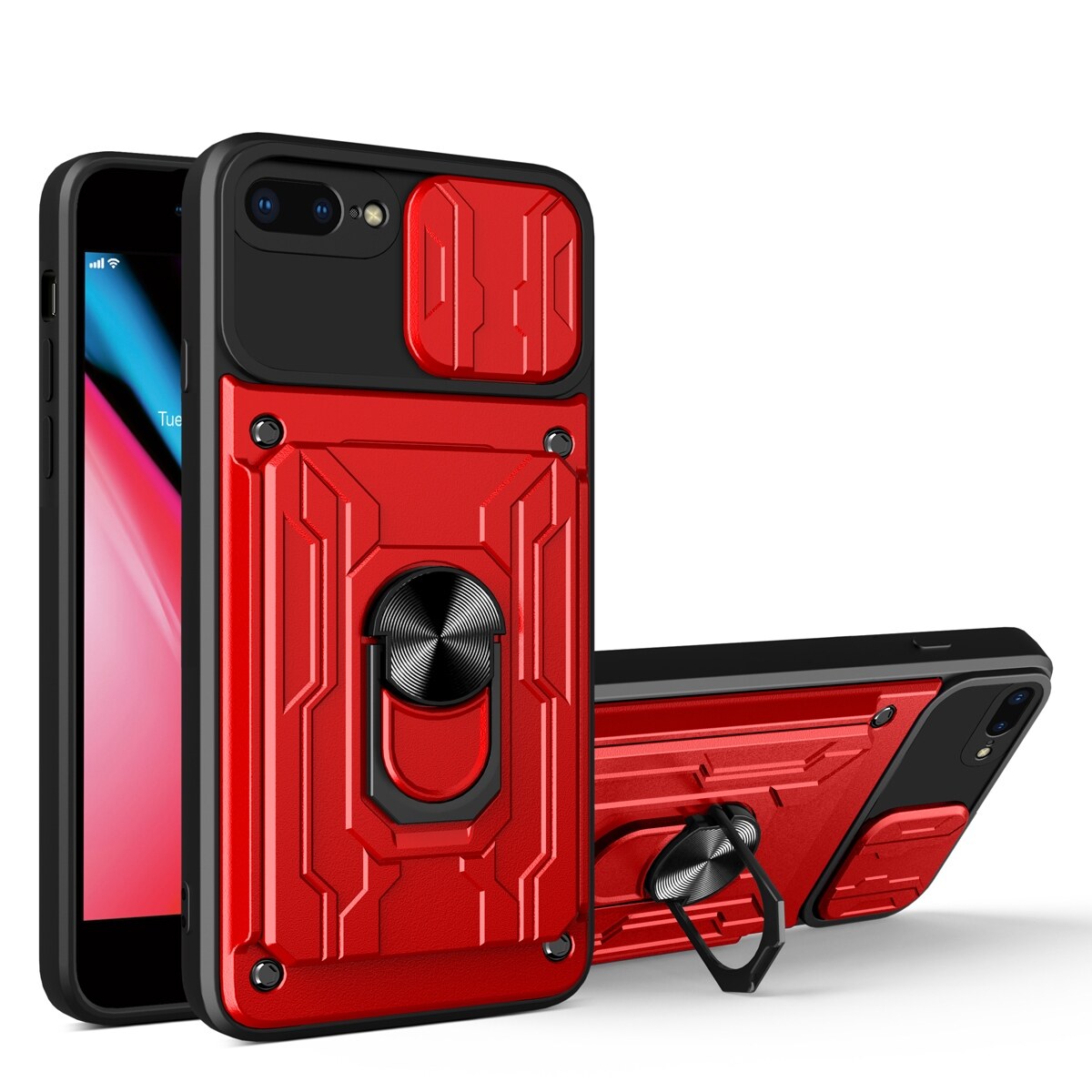 lthmy for iPhone 8 Plus / iPhone 7 Plus Slide Lens Protection Rugged Armor Case Cover With Ring Holder Stand And Removable Card Slot