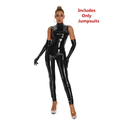 Plus Size S-5xl Women Latex Catsuit Black Wetlook Full Bodysuit Pvc  Jumpsuit Clubwear Faux Leather Costume