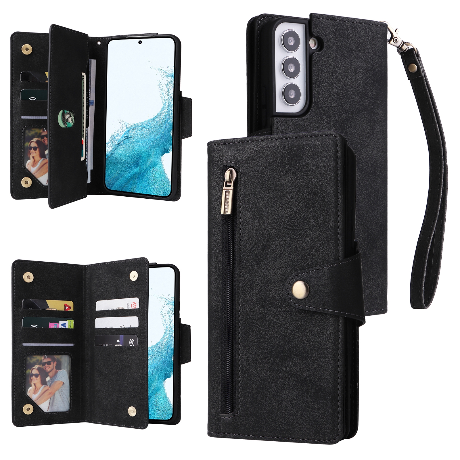 (COD)For Samsung Galaxy S22 Rivet Buckle 9 Cards Three Fold Leather Phone Case