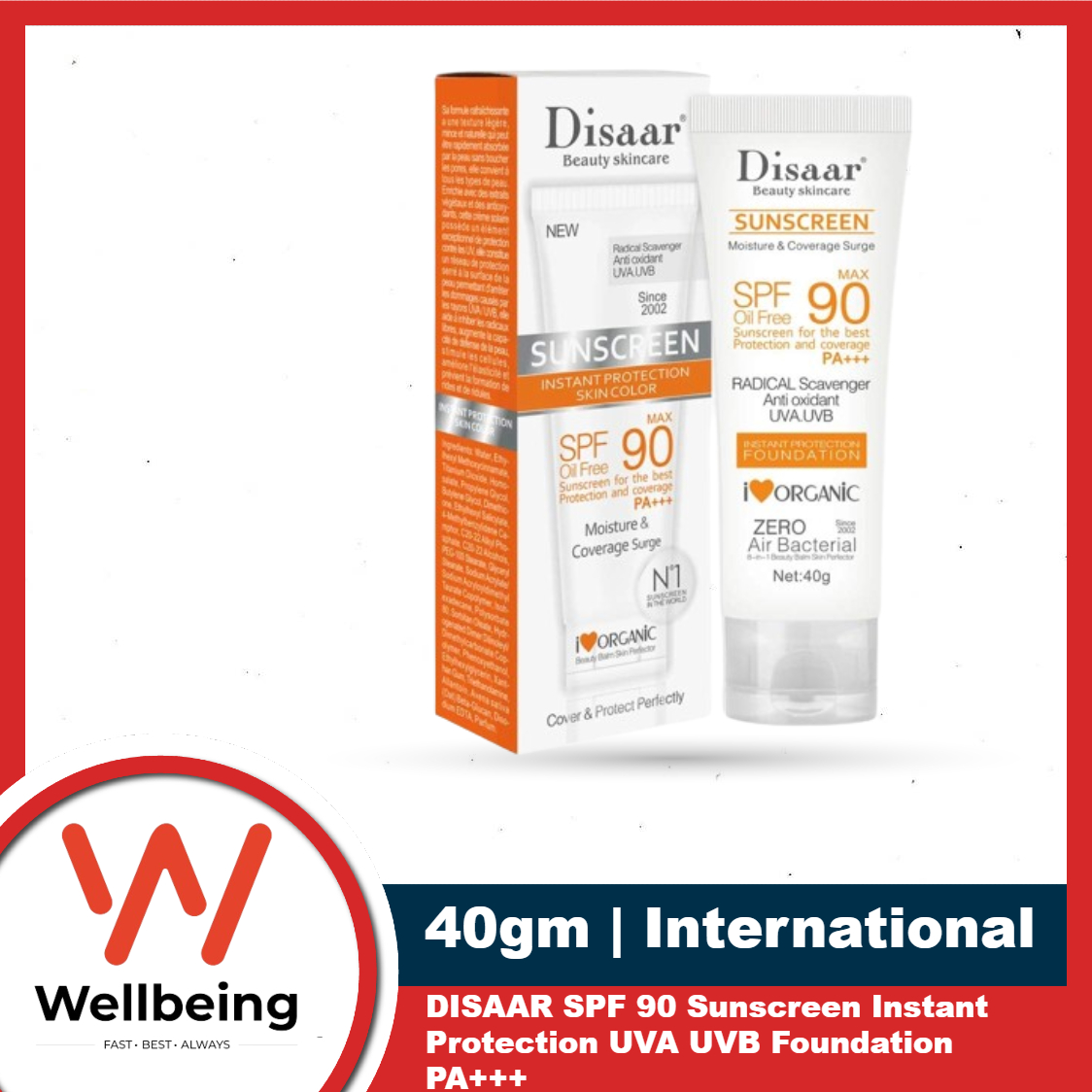 Disaar SPF90 Oil-Free Sunscreen Cream 40g | Instant Protection UVA UVB Foundation PA+++