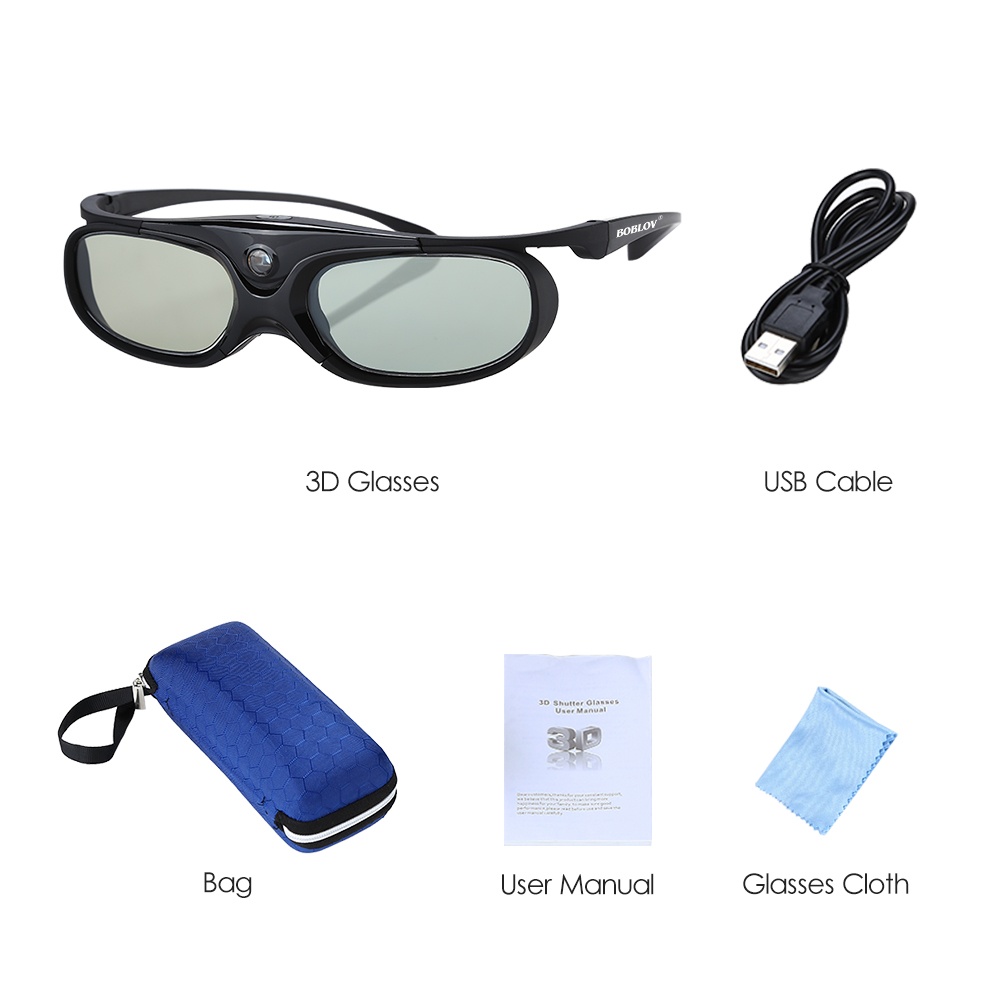BOBLOV Active Shutter 3D Glasses DLP-Link USB Blue Compatible BenQ W1070 W700 Dell Projector 3D Glasses for Projector DLP. 