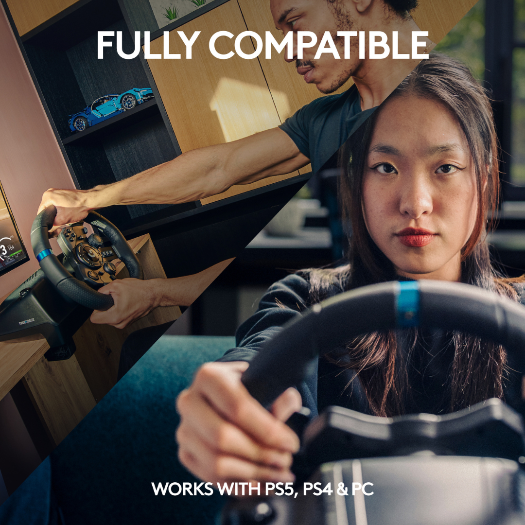 Logitech G923 Racing Wheel and Pedals, TRUEFORCE Feedback, Responsive Driving Design, Dual Clutch Launch Control, Genuine Leather Steering Wheel Cover, for PS5, PS4, PC, Mac. 