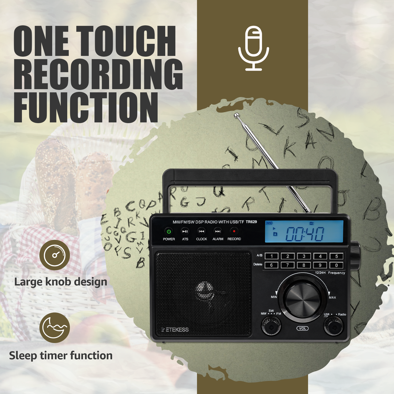 Retekess TR629 Portable Radio, AM/FM Shortwave Digital Radio with LCD Display, Support USB/TF, Suitable for the Elderly.. 