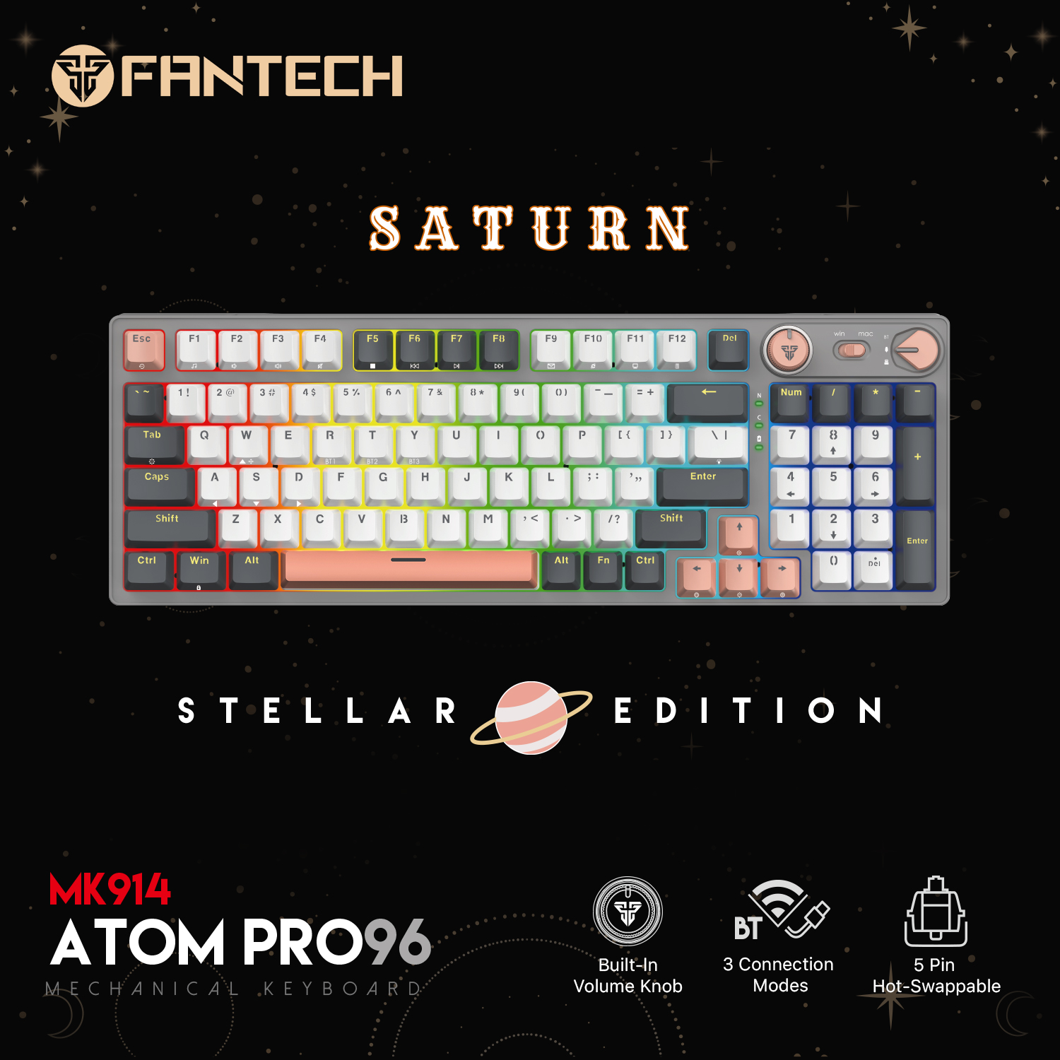 FANTECH MK914 ATOM PRO96 STELLAR EDITION RGB Mechanical Gaming Keyboard Mercury Black & Saturn Grey Layout Red Switch & Blue Switch