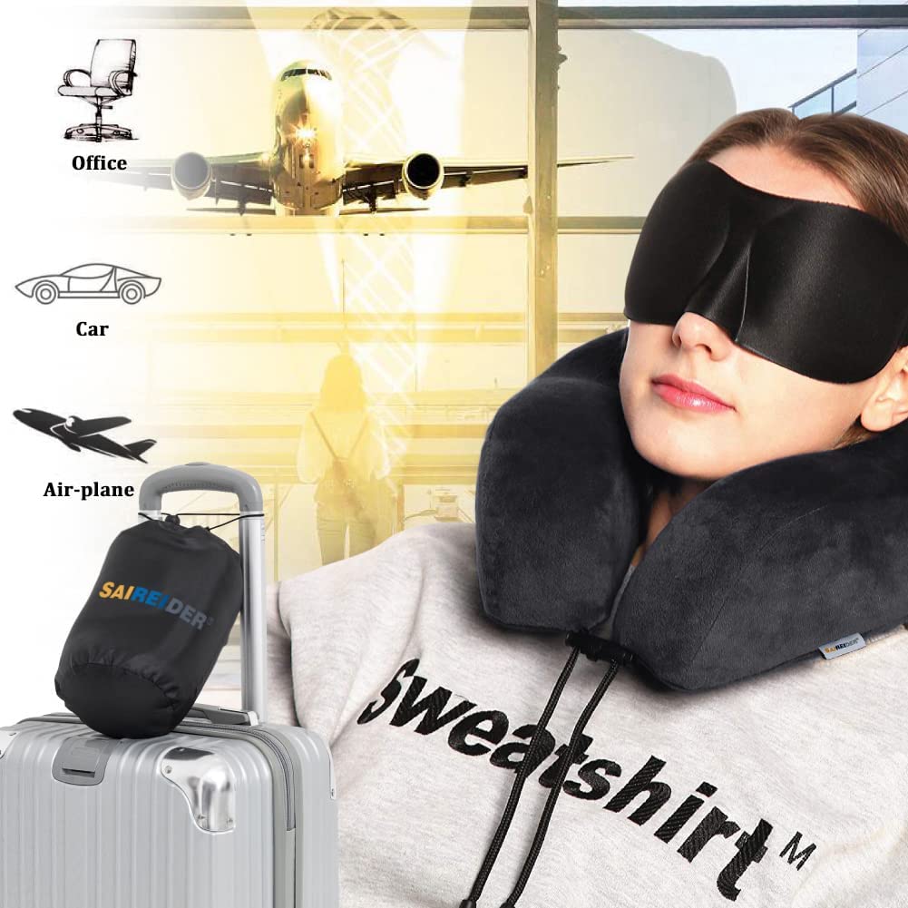 Adjustable Memory Foam Made Portable Travel Pillow, Eyemask, Earplucks. 