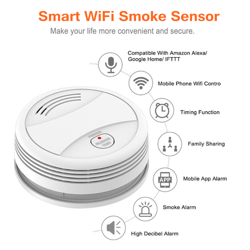 Wifi Smart Smoke Detector Fire Alarm Sensor Wireless Security System Smart Life Tuya APP Control. 