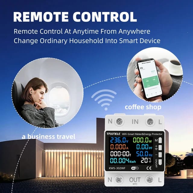 TAXNELE TUYA WiFi 2P 63A Smart Power Meter Over Under Voltage Protection Relay Switch Circuit Breaker Energy kWh Temperature Meter Smart Life. 