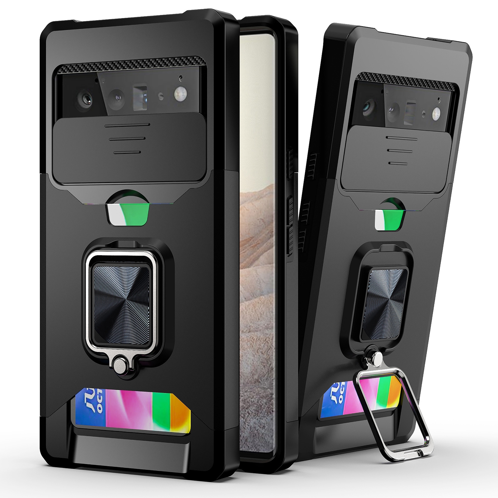 For Google Pixel 6 Pro Sliding Camera Cover Design PC + TPU Shockproof Case with Ring Holder & Card Slot