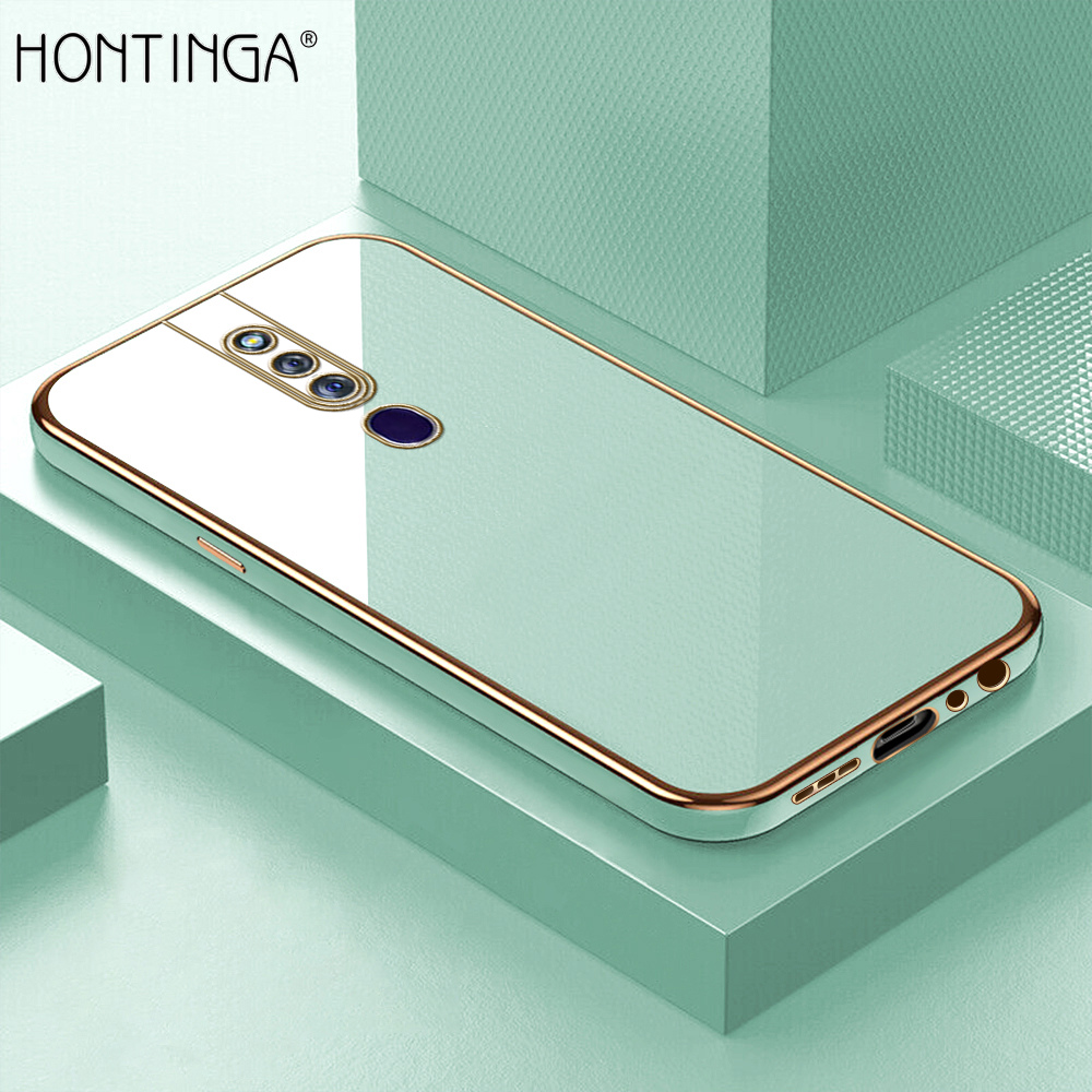 Hontinga for OPPO F11 Pro Back Cover + Free Lanyard Luxury 6D Plating Frame Shiny Bling Case Soft Silicone Square Mobile Cover