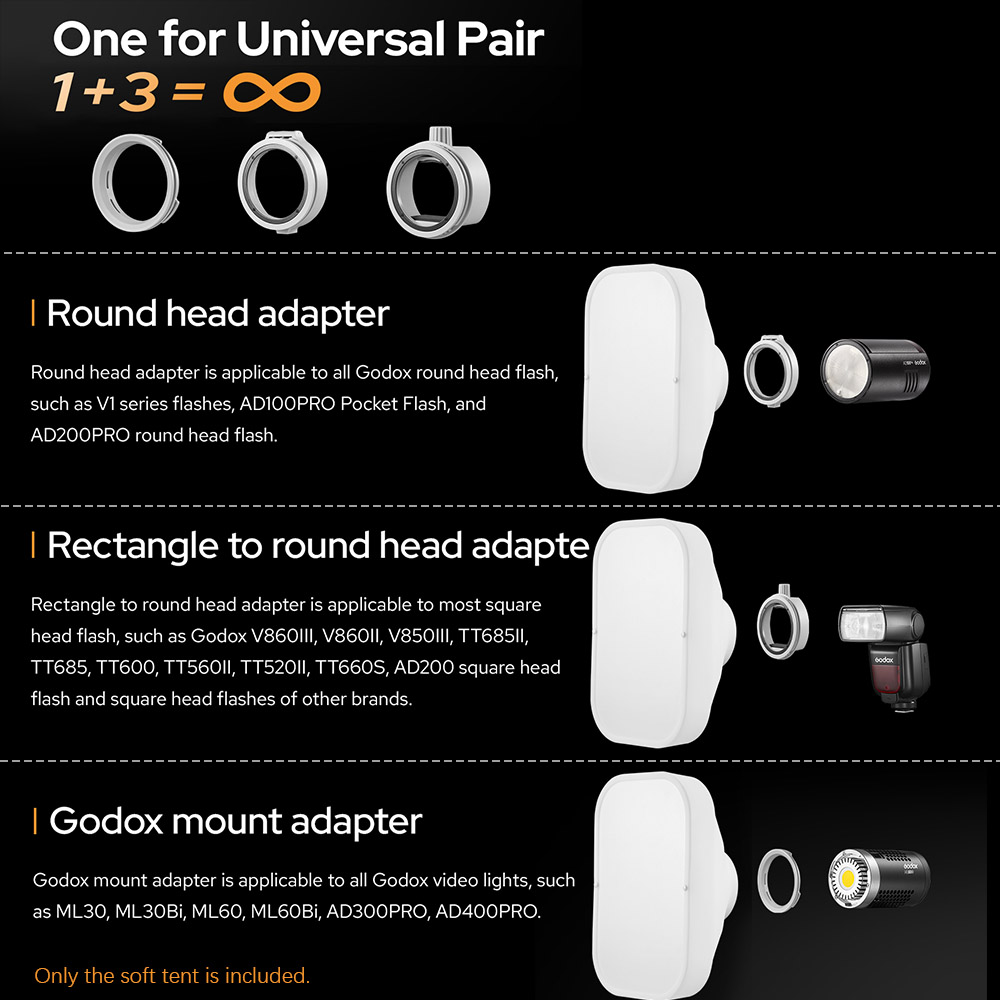 Godox ML-CS1625/ML-CD15 Soft Tent Kit 3 Adapters for Photography Light Flash Studio Photography Portrait Fill light Accessories. 