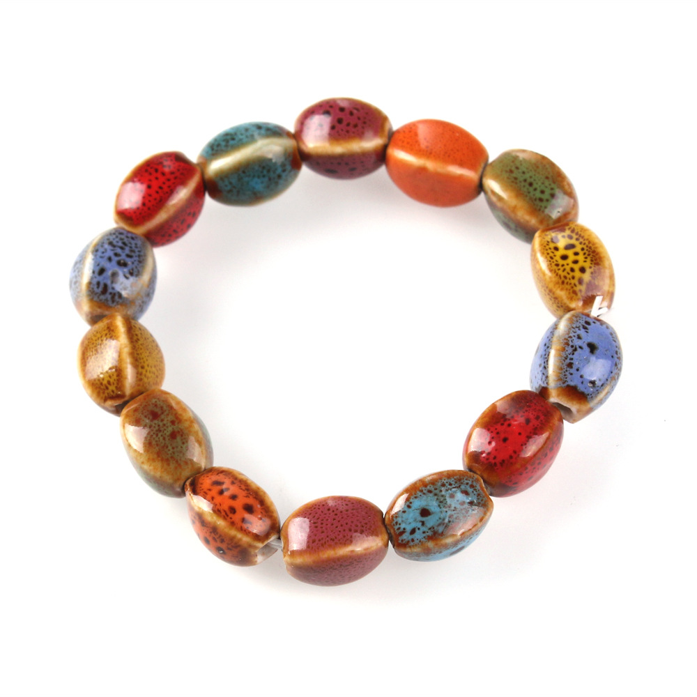 Ethnic style porcelain jewelry colorful handmade porcelain beads elastic bracelet retro fashion simple bracelet factory direct sales. 