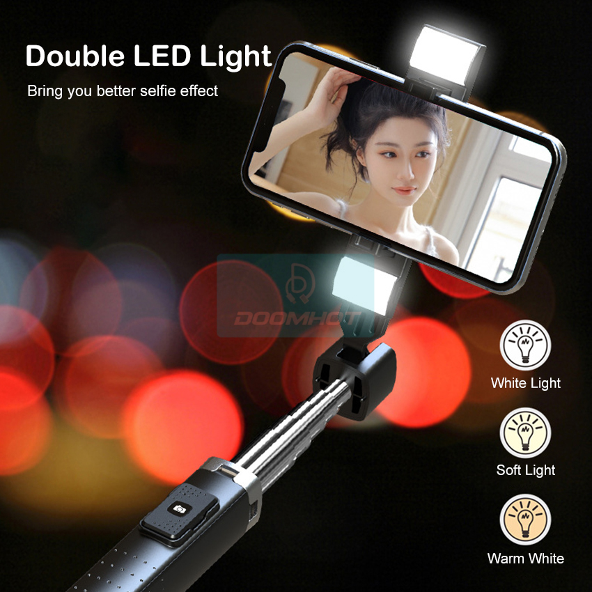 DoomHot P04 Bluetooth Selfie Stick Stretchable Holder Portable 3 Colors LED Fill Light Anti-Shake Stabilizer Adjust 360°Rotating Stand Holder Self-Timer Artifact Rod. 