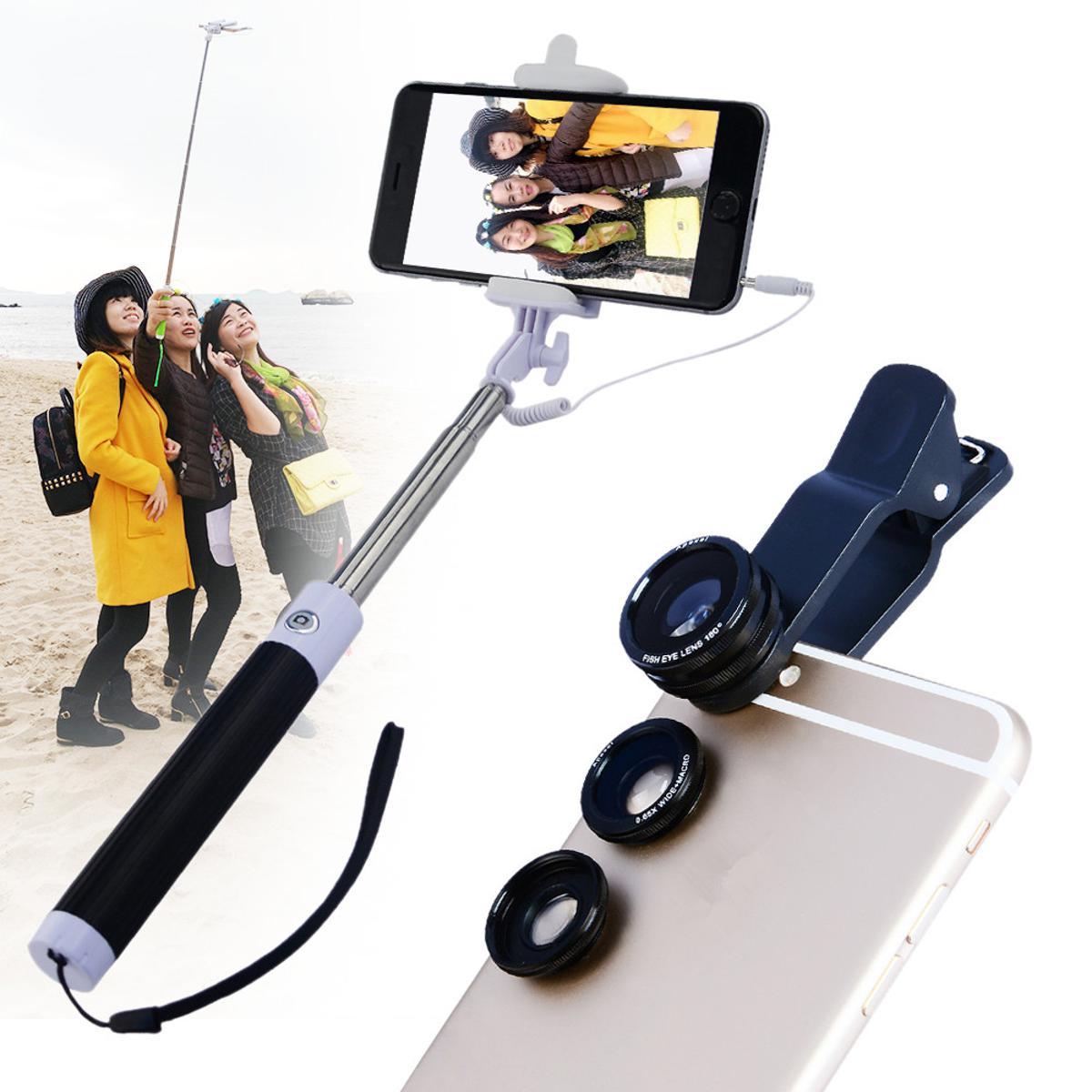 3 In1 Phone Camera Lens Kit Fisheye Wide Angle Macro Telephoto Lens with Selfie Stick Monopod