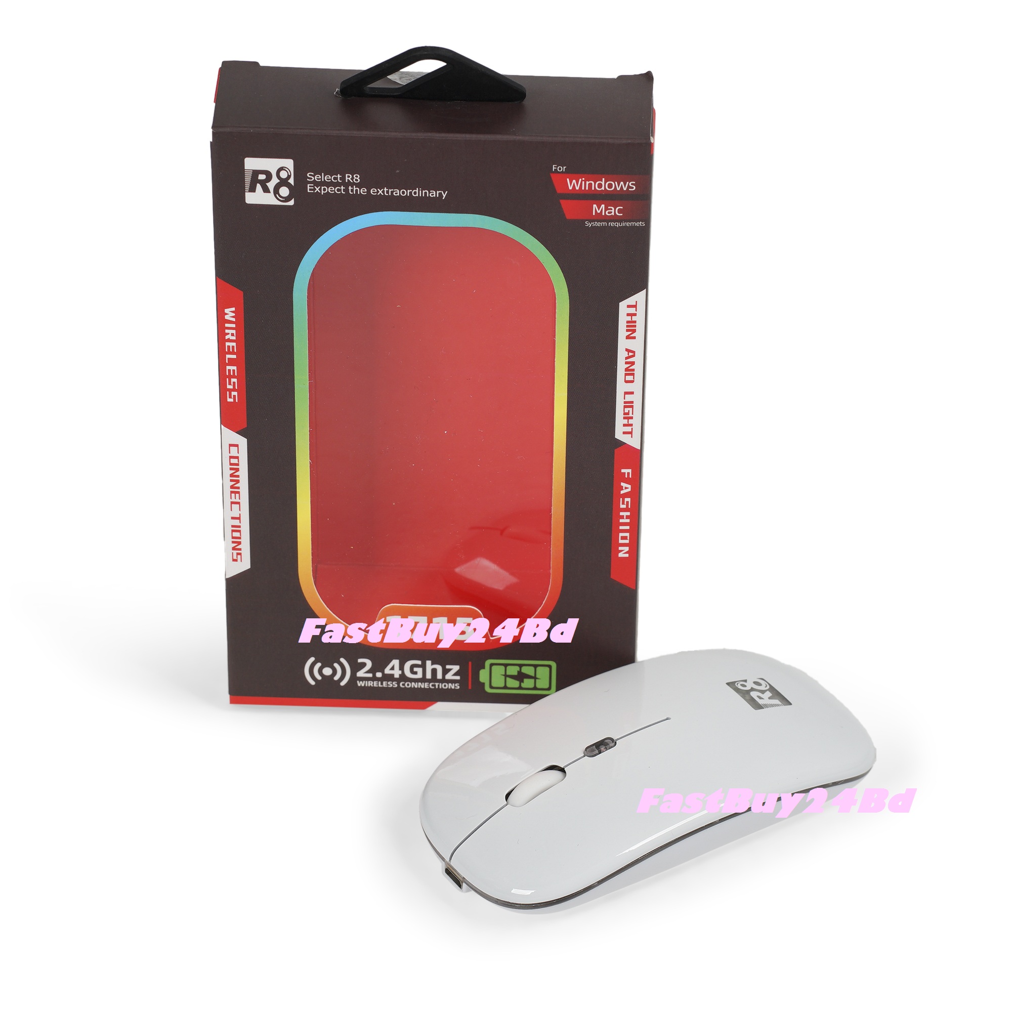 R8 Wireless Rechargeable Mouse With RGB Lighting, Silent-DPI Button having Light On Off Switch. 